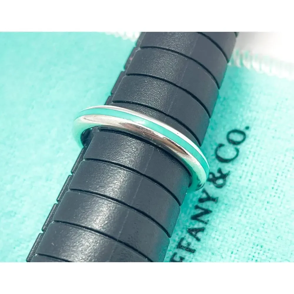 Tiffany & Co. Silver Blue Enamel Narrow Stripe Band Ring Size 5.75